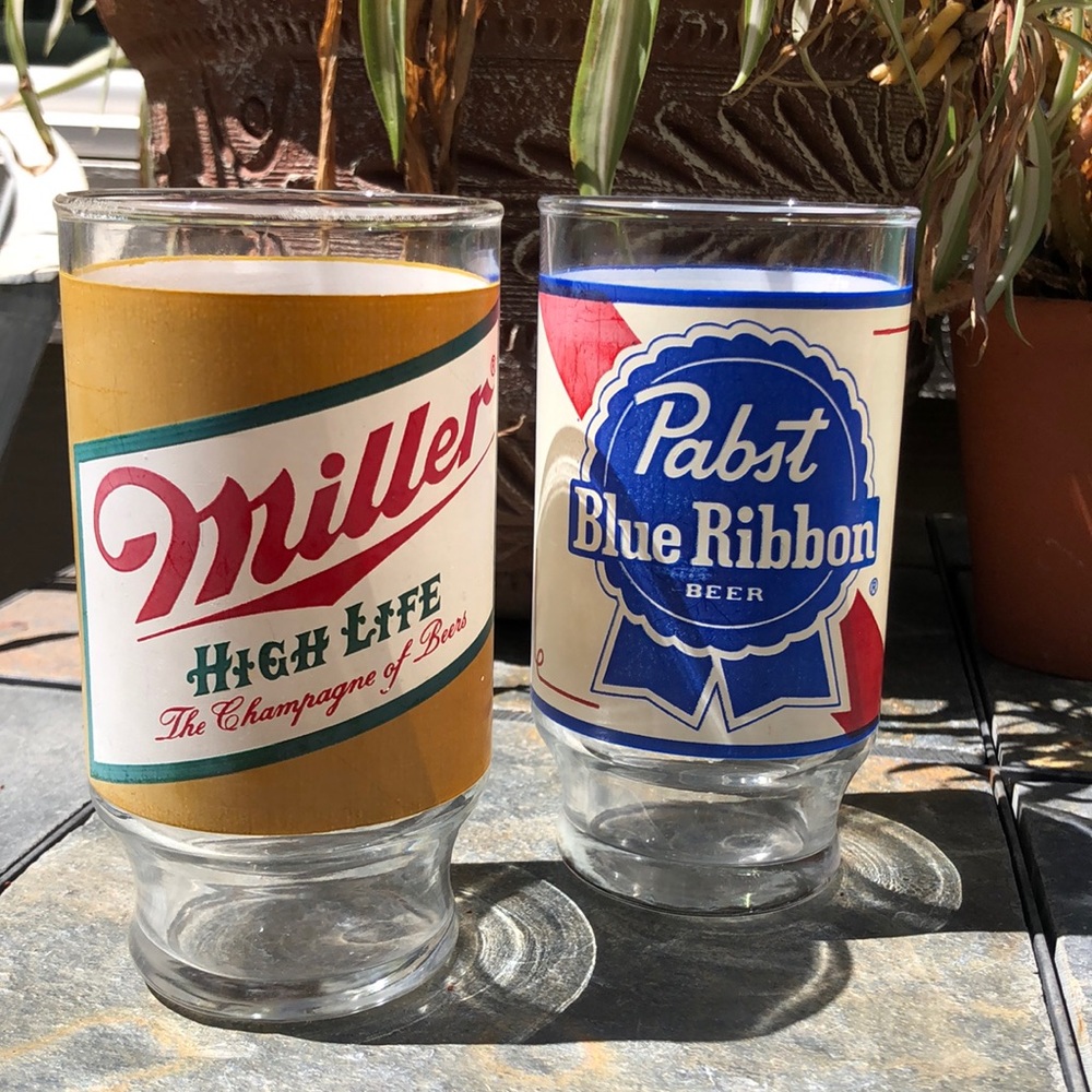 Vintage Pabst Blue Ribbon & Miller High Life glass beer tumblers